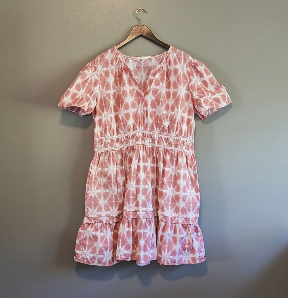 Kate & Sam XL Summer Tie Dye Dress V Neck Smocked Waist Coral Pink Boho Midi